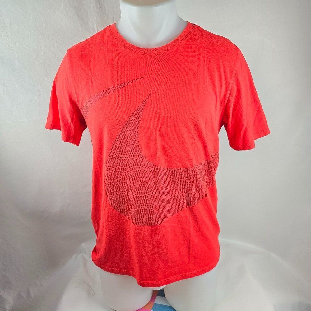 The Nike Tee T Shirt Men Medium Orange Dri Fit Athletic Cut Big Swoosh Crew Neck